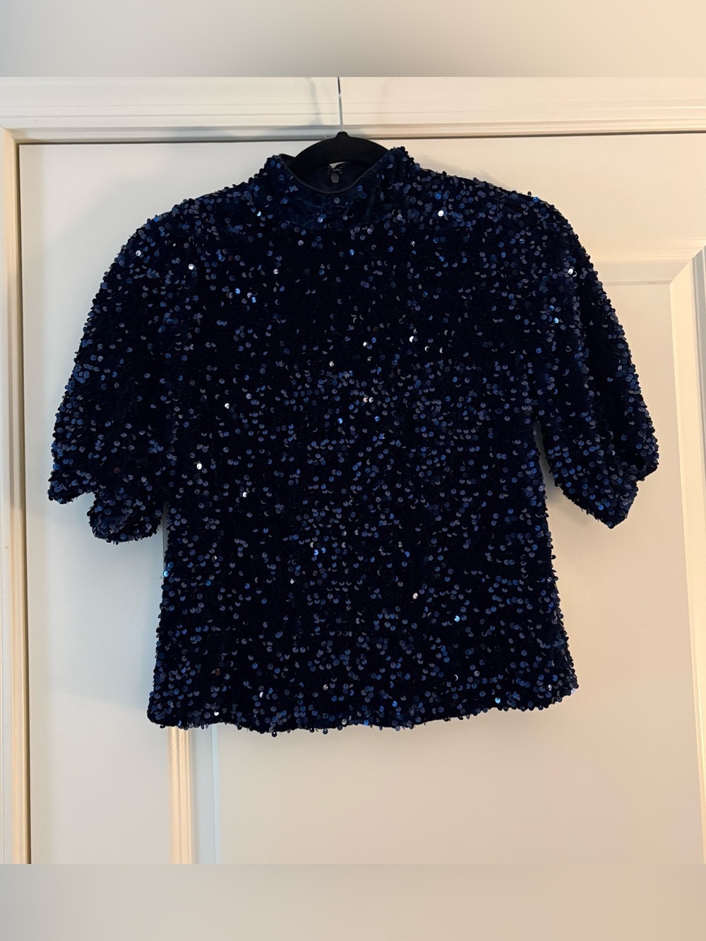 Navy Blue Sequin Sparkling Short-Sleeve Blouse